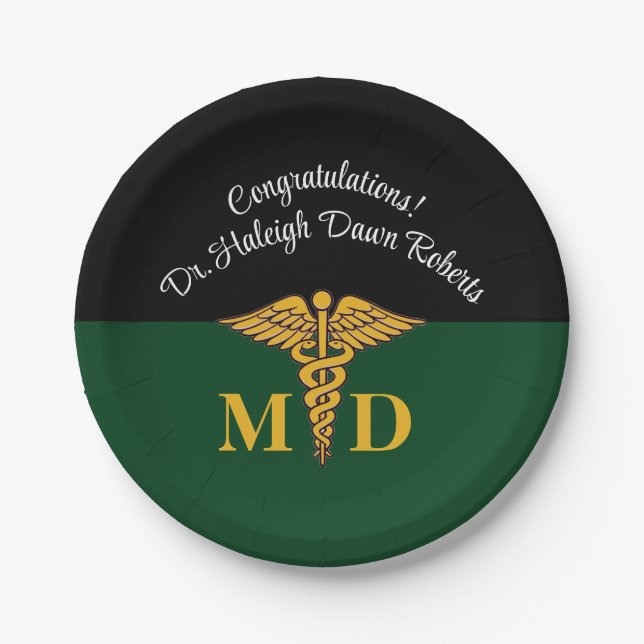 Caduceus Green & Black Medical School Graduation Paper Plates (Front)