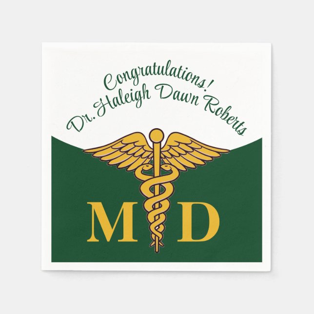 Caduceus Green & White Medical School Graduation Napkins (Front)