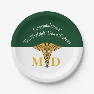 Caduceus Green & White Medical School Graduation Paper Plates