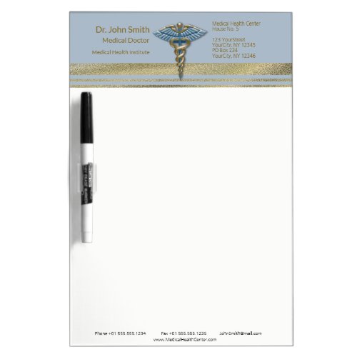 Caduceus Light Blue Faux Gold Foil Stripes Medical Dry Erase Board