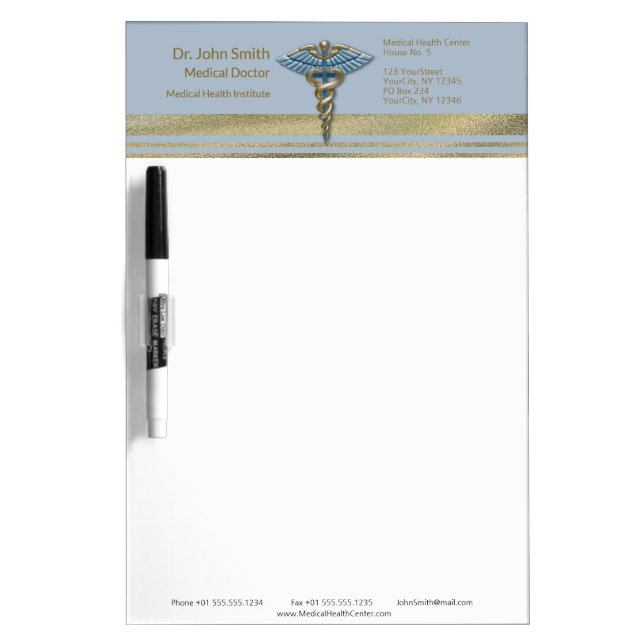 Caduceus Light Blue Faux Gold Foil Stripes Medical Dry Erase Board (Front)
