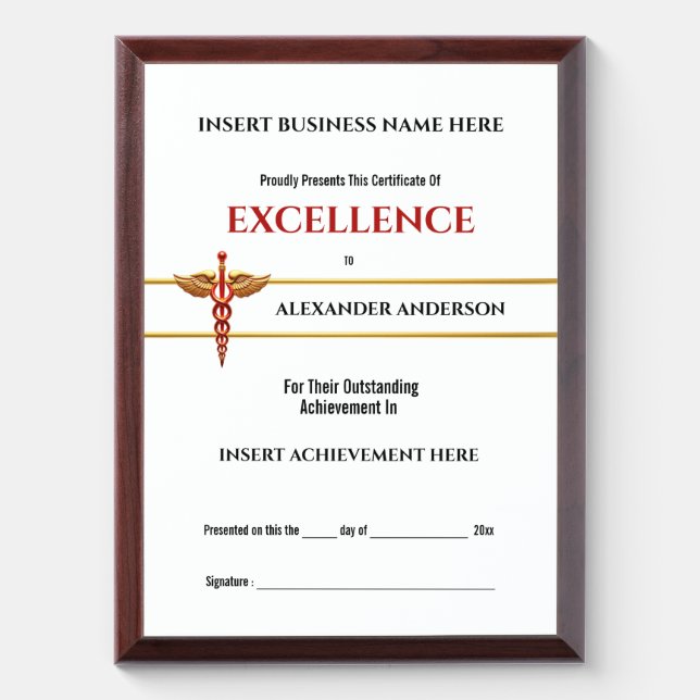 Caduceus medical gold red achievement year end award plaque (Vertical)