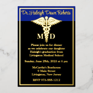 Caduceus Medical School Graduation, Black/Blue Foil Invitation