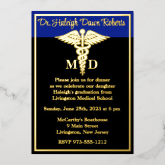 Caduceus Medical School Graduation, Black/Blue Foil Invitation