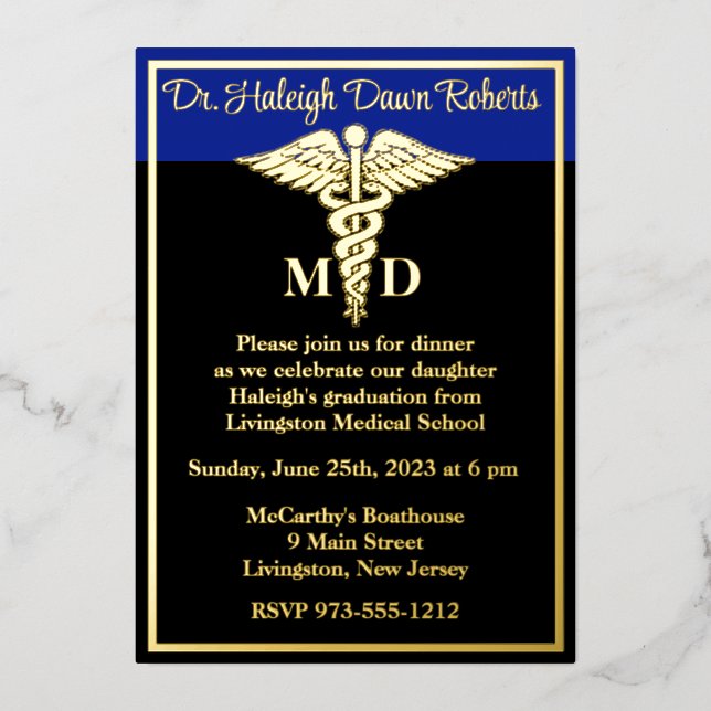 Caduceus Medical School Graduation, Black/Blue Foil Invitation (Front)