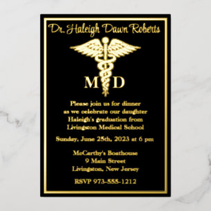 Caduceus Medical School Graduation, Black/Gold Foil Invitation