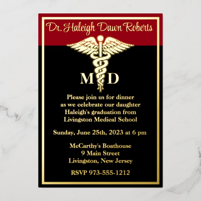 Caduceus Medical School Graduation, Black/Red Foil Invitation (Front)