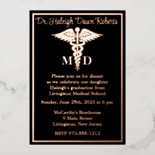 Caduceus Medical School Graduation Black/Rose Gold Foil Invitation