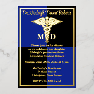 Caduceus Medical School Graduation, Blue/Black Foil Invitation