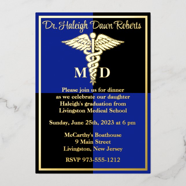 Caduceus Medical School Graduation, Blue/Black Foil Invitation (Front)