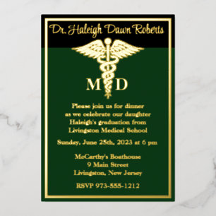 Caduceus Medical School Graduation Green/Black Foil Invitation
