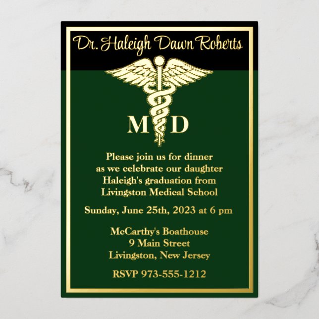 Caduceus Medical School Graduation Green/Black Foil Invitation (Front)