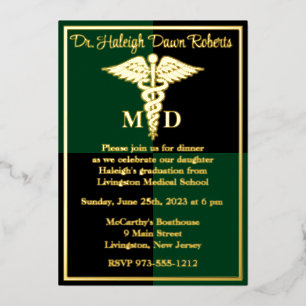 Caduceus Medical School Graduation, Green/Black Foil Invitation