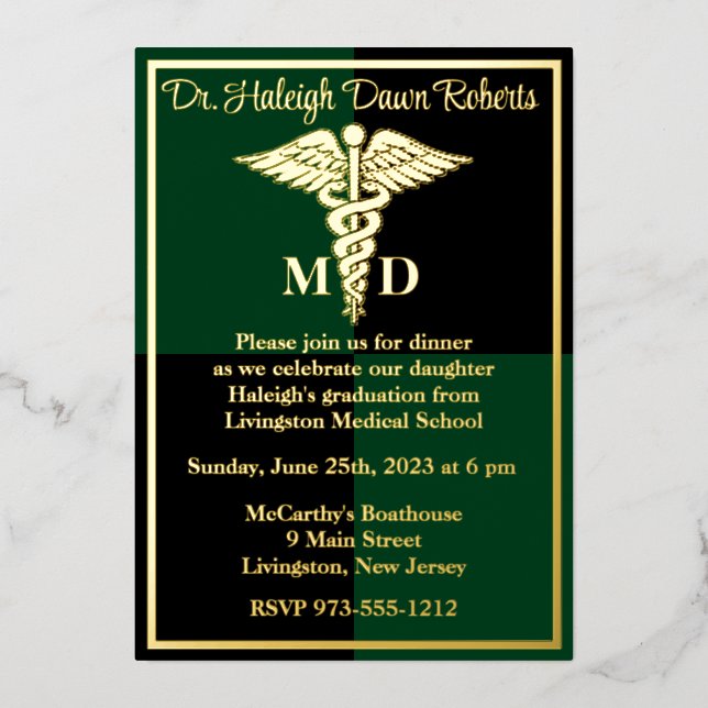 Caduceus Medical School Graduation, Green/Black Foil Invitation (Front)