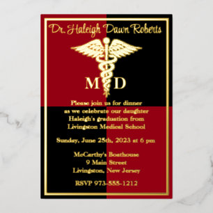 Caduceus Medical School Graduation, Red/Black Foil Invitation