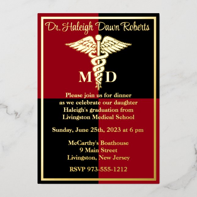 Caduceus Medical School Graduation, Red/Black Foil Invitation (Front)