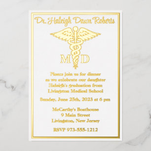 Caduceus Medical School Graduation, White/Gold Foil Invitation