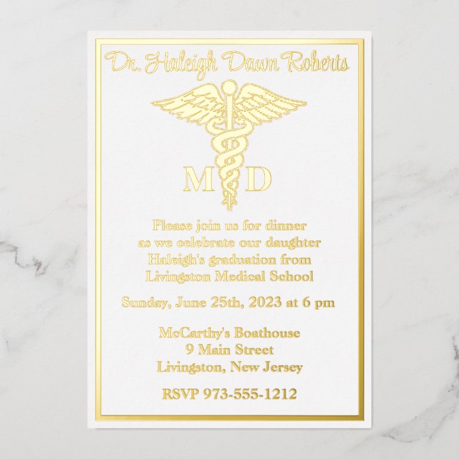 Caduceus Medical School Graduation, White/Gold Foil Invitation (Front)