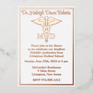 Caduceus Medical School Graduation White/Rose Gold Foil Invitation
