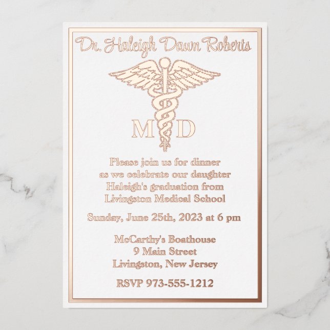 Caduceus Medical School Graduation White/Rose Gold Foil Invitation (Front)