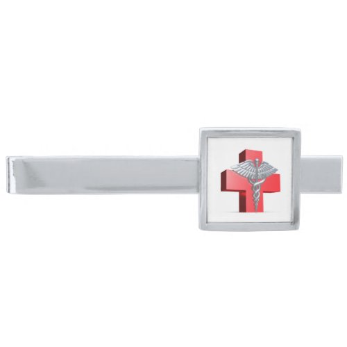 Caduceus Medical Silver 3D Cross Red Silver Finish Tie Bar