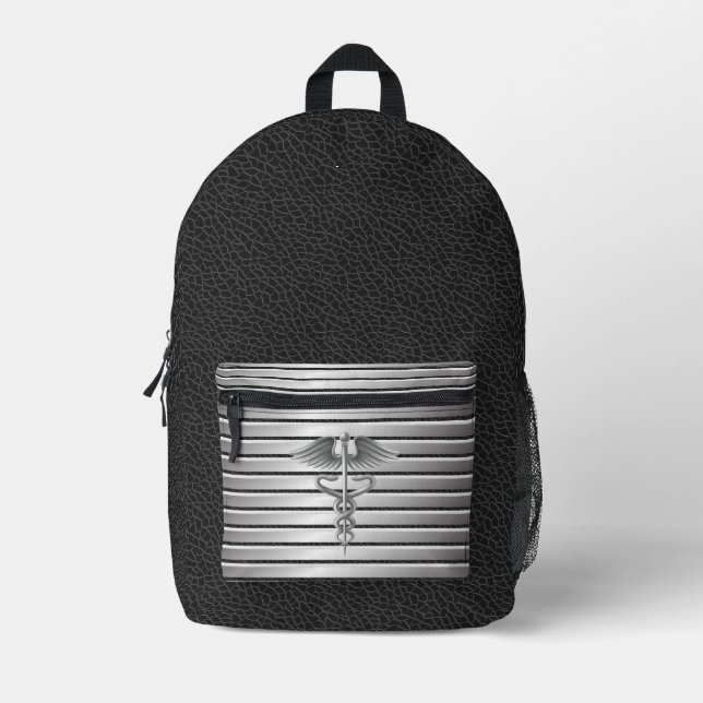 Caduceus Medical Symbol Black & Silver Printed Backpack (Front)