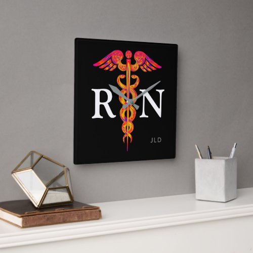 Caduceus Medical Symbol Colorful Nurse Monogram Square Wall Clock