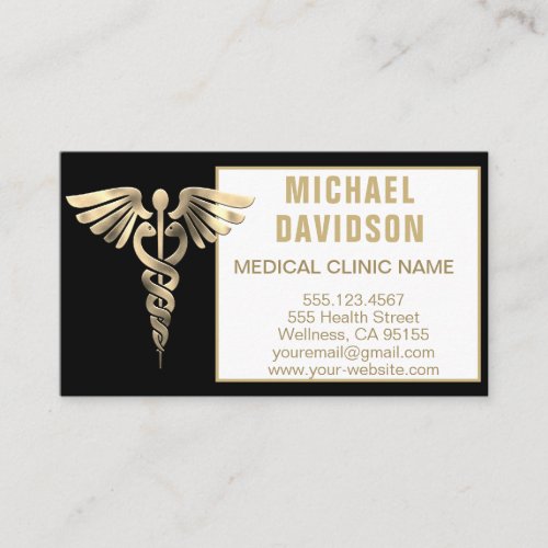 Caduceus Medical Symbol _ Gold Black White Busin Business Card