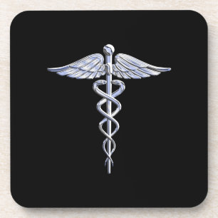 Caduceus Medical Symbol on Black Drink Coaster