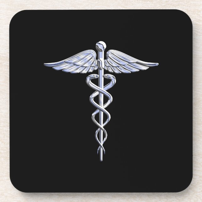 Caduceus Medical Symbol on Black Drink Coaster (Front)