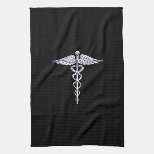 Caduceus Medical Symbol on Black Kitchen Towel (Vertical)