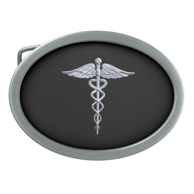 Caduceus Medical Symbol on Black Oval Belt Buckle (Front)