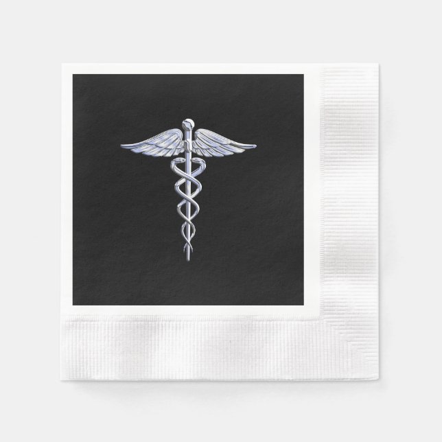 Caduceus Medical Symbol on Black Paper Napkins (Front)