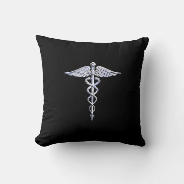 Caduceus Medical Symbol on Black Throw Pillow (Front)