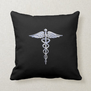Caduceus Medical Symbol on Black Throw Pillow