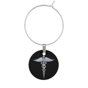 Caduceus Medical Symbol on Black Wine Glass Charm