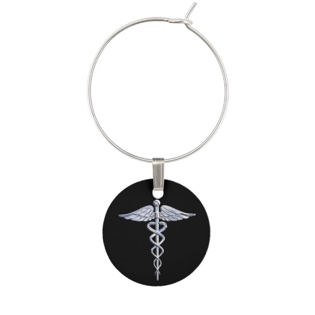 Caduceus Medical Symbol on Black Wine Glass Charm (Front)