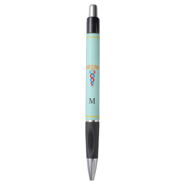Caduceus & Monogram on Light Blue Background Pen (Front Vertical)