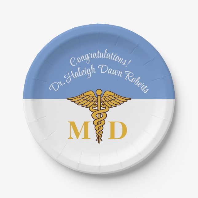 Caduceus Powder Blue Medical School Graduation Paper Plates (Front)