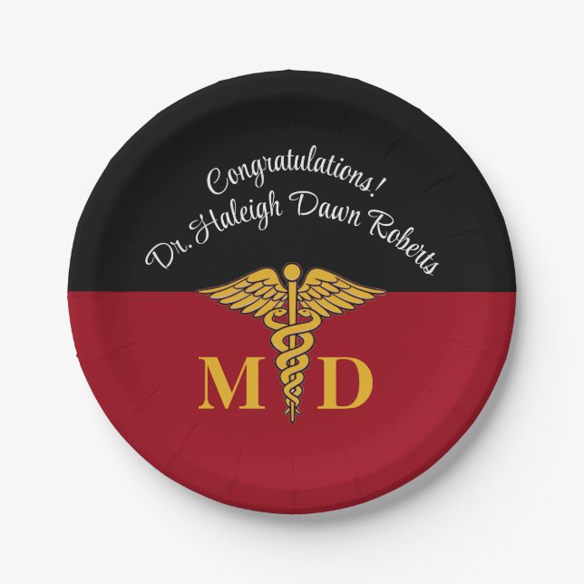 Caduceus Red & Black Medical School Graduation Paper Plates (Front)