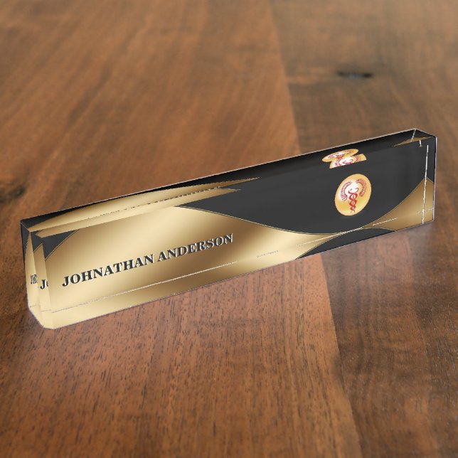 Caduceus red gold black banner medical elegant desk name plate (Side)