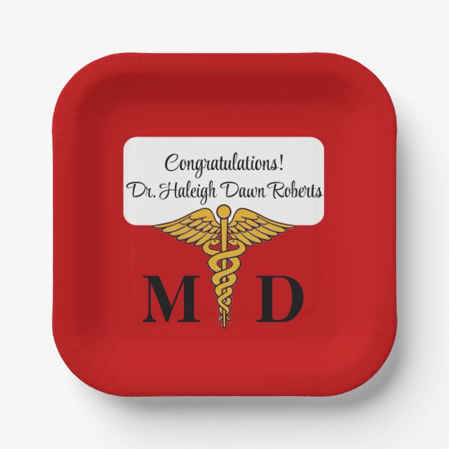 Caduceus Red & Gold Medical School Graduation Paper Plates (Front)