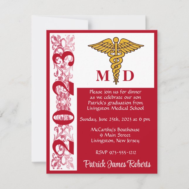 Caduceus Red & White Medical School Graduation Invitation (Front)
