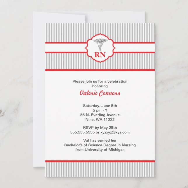 Caduceus RN BSN LPN Graduation Red and Gray Invitation (Front)