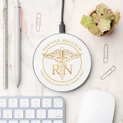 Caduceus RN gold personalized Nurses Wireless Charger