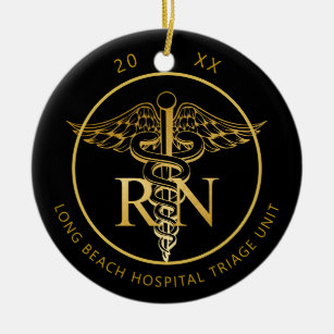 Caduceus RN Medical Unit Black and Gold Photo Ceramic Ornament