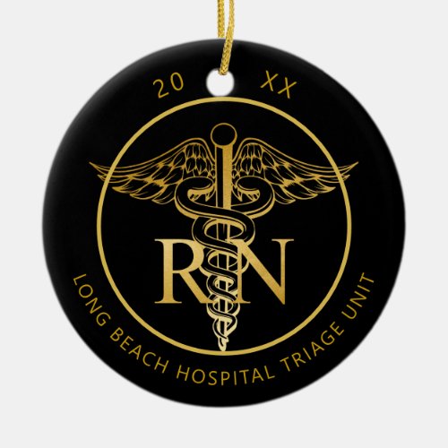 Caduceus RN Medical Unit Black and Gold Photo Ceramic Ornament