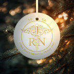 Caduceus RN Medical Unit Gold  Glass Ornament<br><div class="desc">Customize the background color and text at the top/bottom text on this faux glitter caduceus and RN.</div>