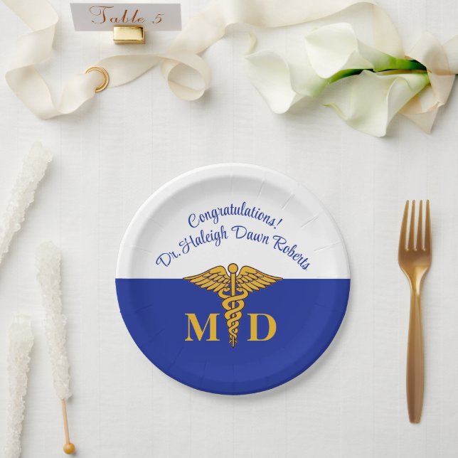 Caduceus Royal Blue Medical School Graduation Paper Plates (Wedding)