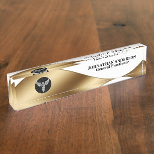 Caduceus silver gold black medical doctor name desk name plate